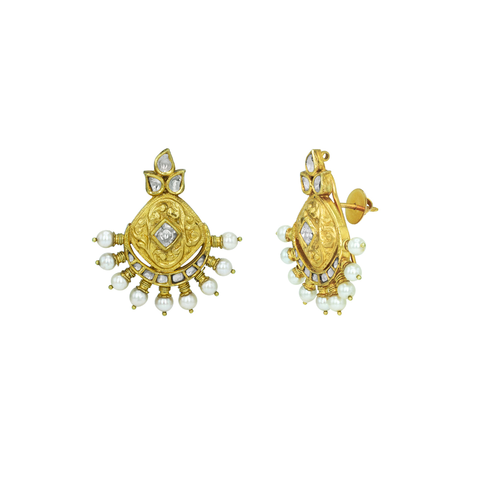 Ornate Gold Earrings with Polkis and Pearl Clusters